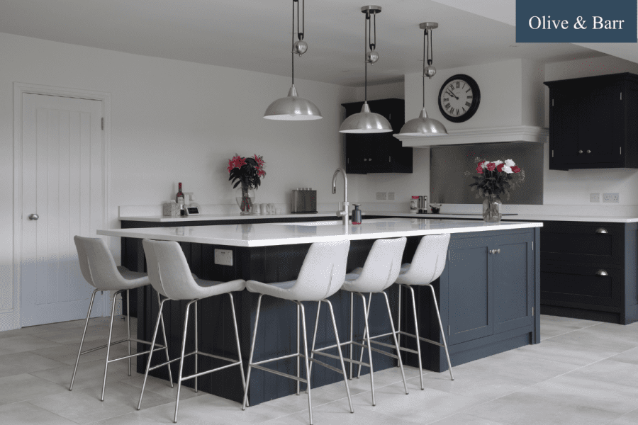 Grey and blue kitchen island with breakfast bar