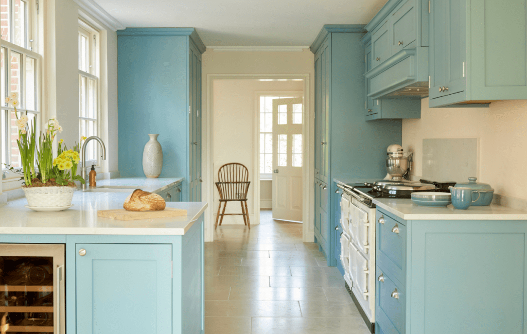 Light and bright galley kitchen in pale blue